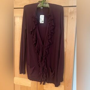 Chicos Burgundy Fig Ruffle Button Down Cardigan Sweater Size Small